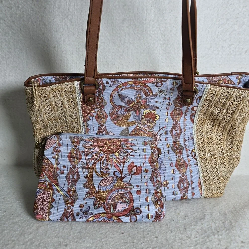 NWOT Sakroots Owl Meadow Medium Shoulder BagTote Straw Canvas Charm And Wallet